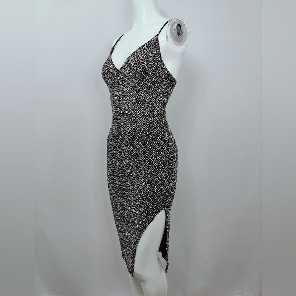 Papaya Silver/Black Glitter Ogee Mod 60s Bodycon Spaghetti Strap Dress, Sz S